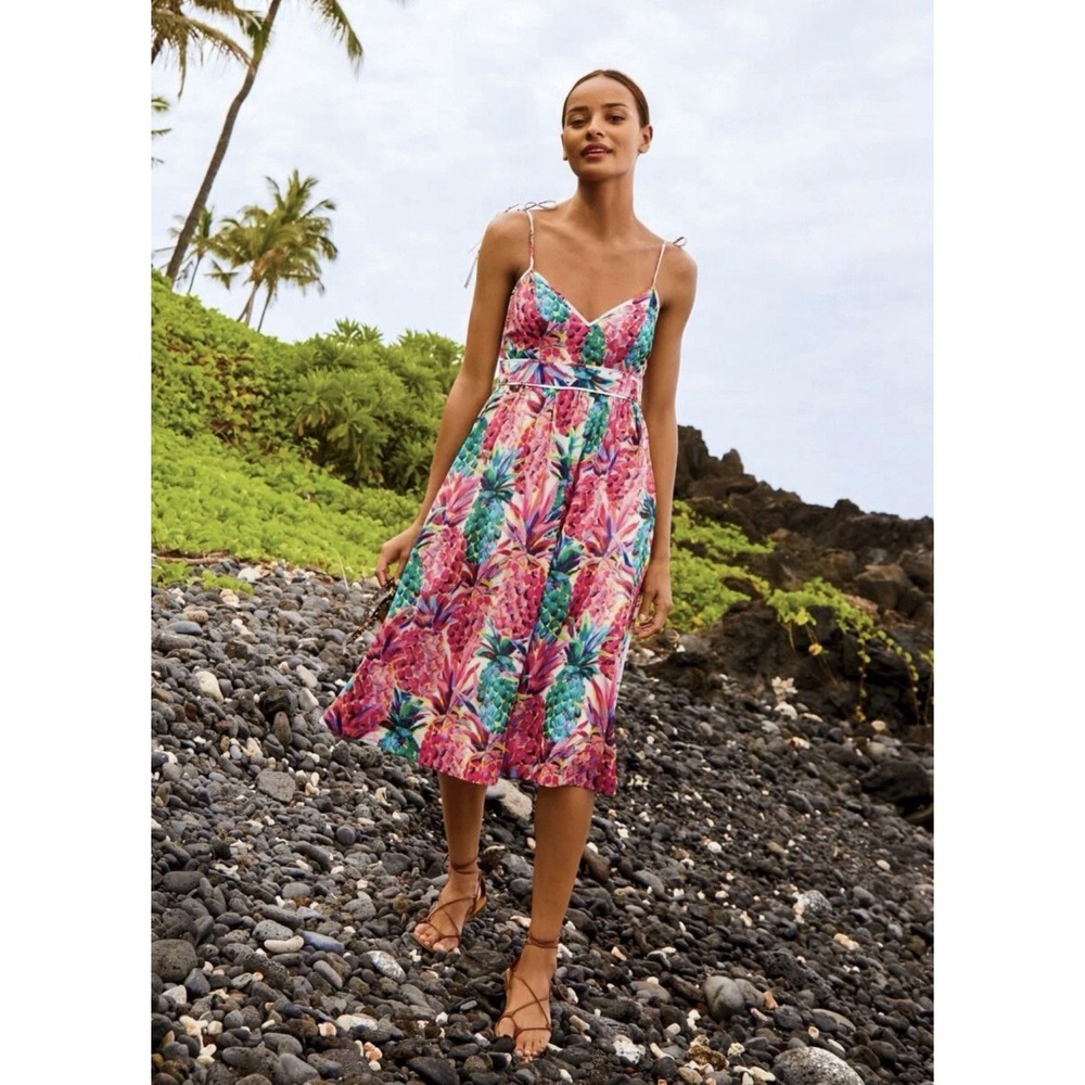 J.Crew Ratti Pineapple Midi Dress Red Green Tropical Size‎ 4 Pockets